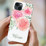 Personalisiert rosa Farbflora Case-Mate iPhone Hülle<br><div class="desc">Dieses hübsche Gehäuse ist mit einem Aquarelle aus Rose und Blättern in Rosa-, Korallen- und Grüntönen dekoriert. Eine Textvorlage ist enthalten, um dieses Design mit Ihrem Namen oder Monogramm zu personalisieren, wodurch dieses Handy für Sie einzigartig ist. Weil wir unsere eigenen Kunstwerke erstellen, werden Sie dieses exakte Bild von anderen...</div>