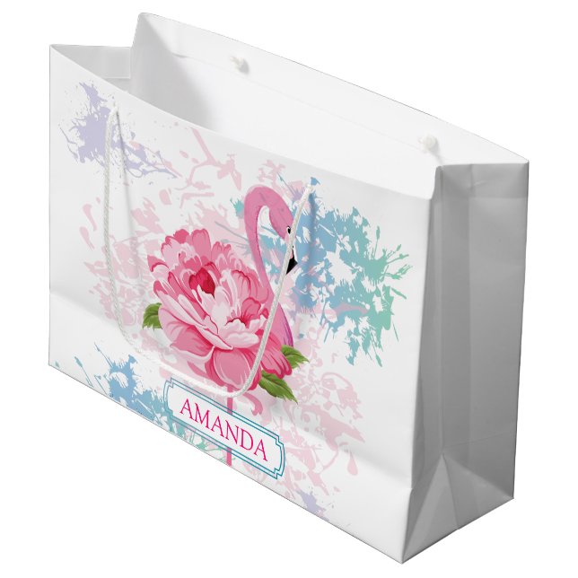 Personalisiert rosa Flamingo Blumendesign Große Geschenktüte (Vorderseite Schrägansicht)