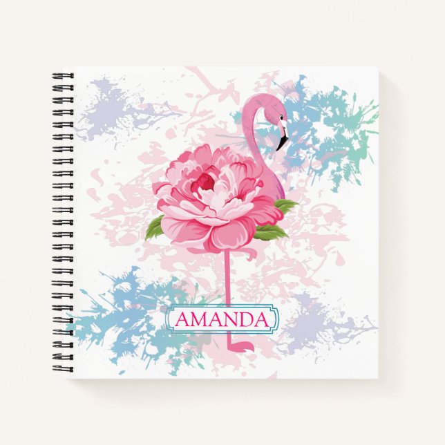 Personalisiert rosa Flamingo Blumendesign Notizbuch (Vorderseite)