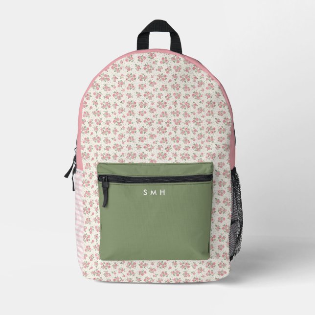 Personalisiert rosa Floral und Gingham Backpack Bedruckter Rucksack (Vorderseite)