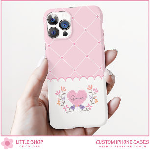 Personalisiert rosa florale Diamantmonogramm iPhone 16 Hülle