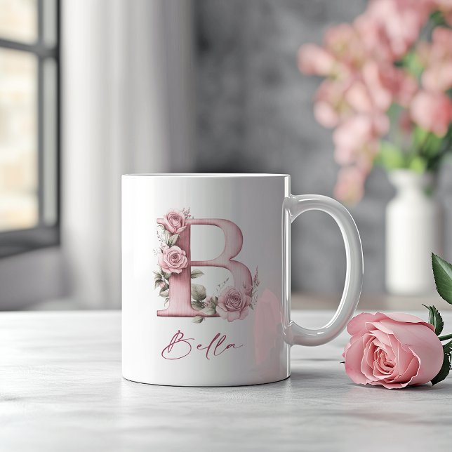 Personalisiert rosa florale Monogramm B Kaffeetasse (Von Creator hochgeladen)