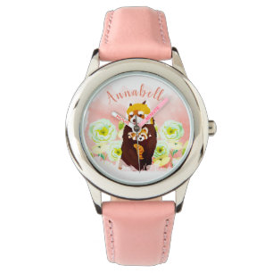 Personalisiert rosa, floralrote Panda-Kinderuhr Armbanduhr