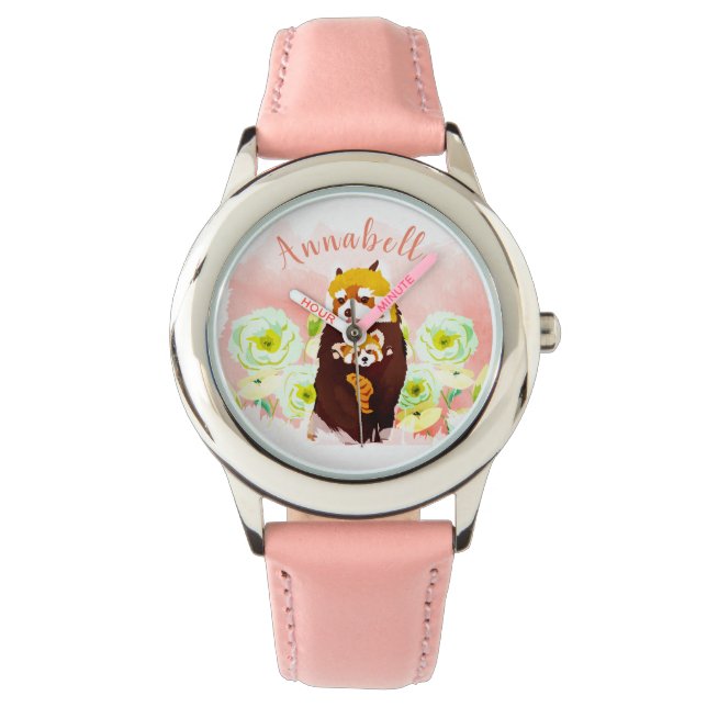 Personalisiert rosa, floralrote Panda-Kinderuhr Armbanduhr (Vorderseite)