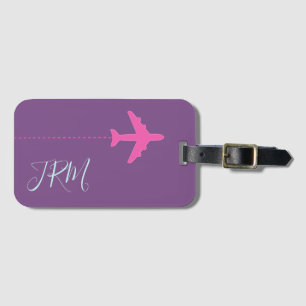personalisiert rosa Flugzeug auf lila mit Monogram Gepäckanhänger