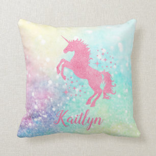 Personalisiert rosa Glitzer Einhorn und Regenbogen Kissen