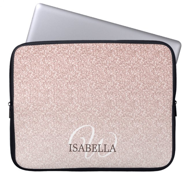 Personalisiert rosa Glitzer Ombre Name Monogram Laptopschutzhülle (Vorderseite)