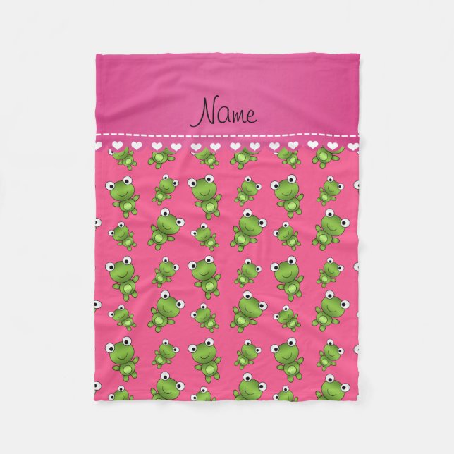 Personalisiert rosa grüne Frösche Rosa Herzstreife Fleecedecke (Vorderseite)