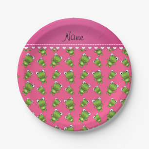 Personalisiert rosa grüne Frösche Rosa Herzstreife Pappteller