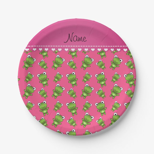 Personalisiert rosa grüne Frösche Rosa Herzstreife Pappteller (Vorderseite)