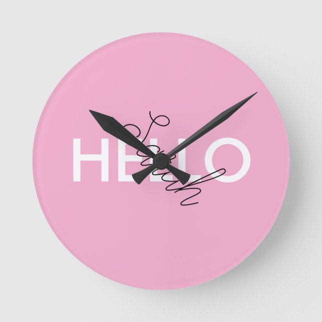 Personalisiert rosa "Hello" Wall Clock mit benutze Runde Wanduhr (Vorderseite)