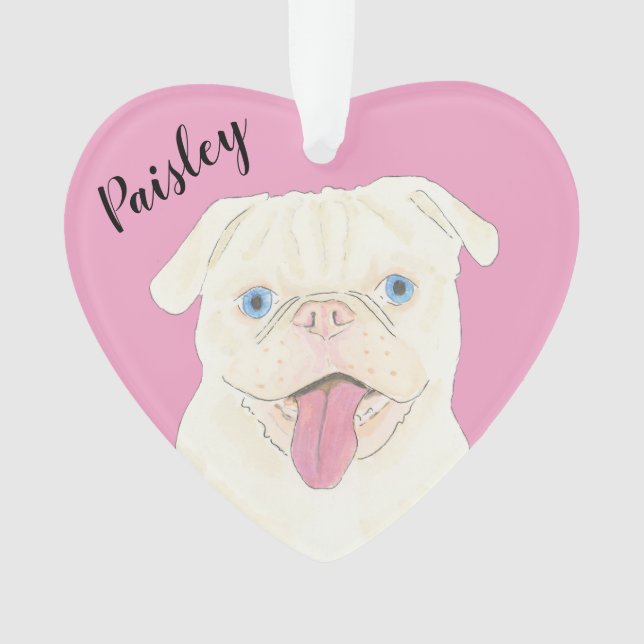 Personalisiert rosa Herzweiße Mops Ornament (Vorderseite)