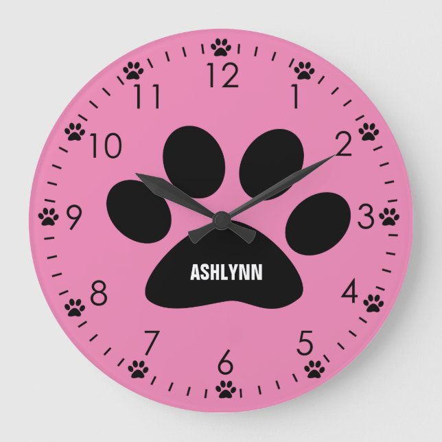 Personalisiert-Rosa-Hundepaw Große Wanduhr (Vorderseite)