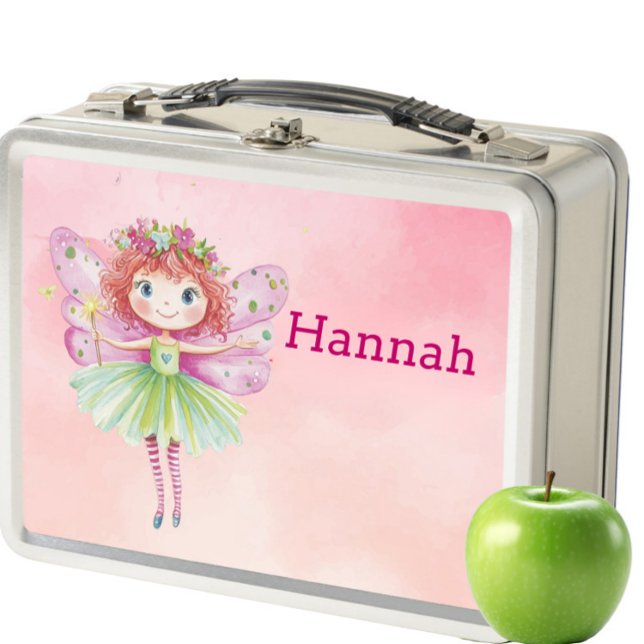 Personalisiert rosa Kids Metal Lunch Box (Personalized Fairy Lunch Box for Kids – Cute Pink Magical Lunchbox with Name, Whimsical School Snac)