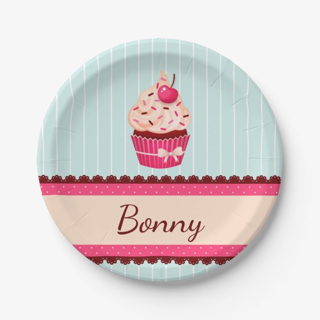 Personalisiert rosa Kupcake Minze Blue Hintergrund Pappteller (Vorderseite)