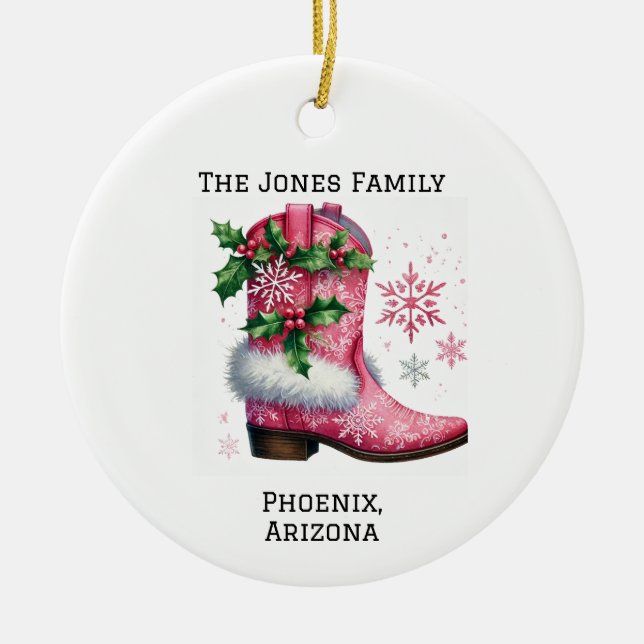 Personalisiert rosa Land/Western Xmas Cowboy Boot Keramik Ornament (Vorne)