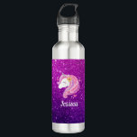 Personalisiert rosa Lila Glitzer Einhorngesicht Edelstahlflasche<br><div class="desc">Ein niedlicher rosa und lila Imitat Glitzer mit eingeschlossener Oberfläche schmückt diese Wasserflasche. So viel Spaß für ein Mädchen. Das ist ein tolles Geburtstagsgeschenk. Personalisieren Sie es mit ihrem Namen. Entworfen für Sie von BlackBerry Boulevard.</div>