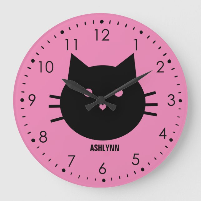 Personalisiert rosa Niedliche Katze Große Wanduhr (Vorderseite)