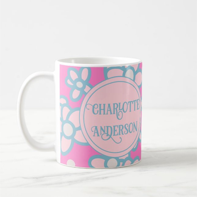 Personalisiert rosa Retro-Blume Kaffeetasse (Links)