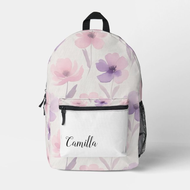 Personalisiert rosa und Lila Aquarellblume Bedruckter Rucksack (Vorderseite)