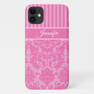 Personalisiert rosa und weiß gestreifte Damast Case-Mate iPhone Hülle