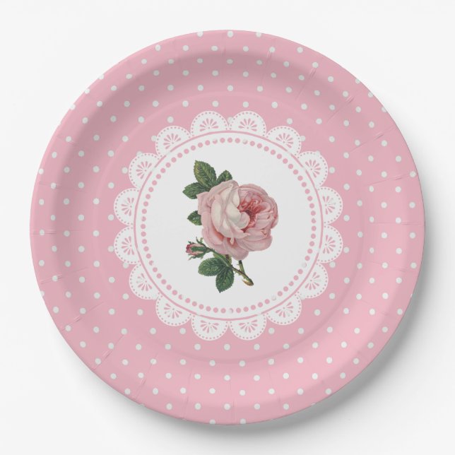 Personalisiert rosa Vintage Rose Papier Teller (Vorderseite)
