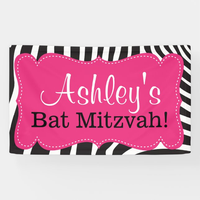 Personalisiert rosa Zebra Print Bat Mitzvah Banner (Horizontal)