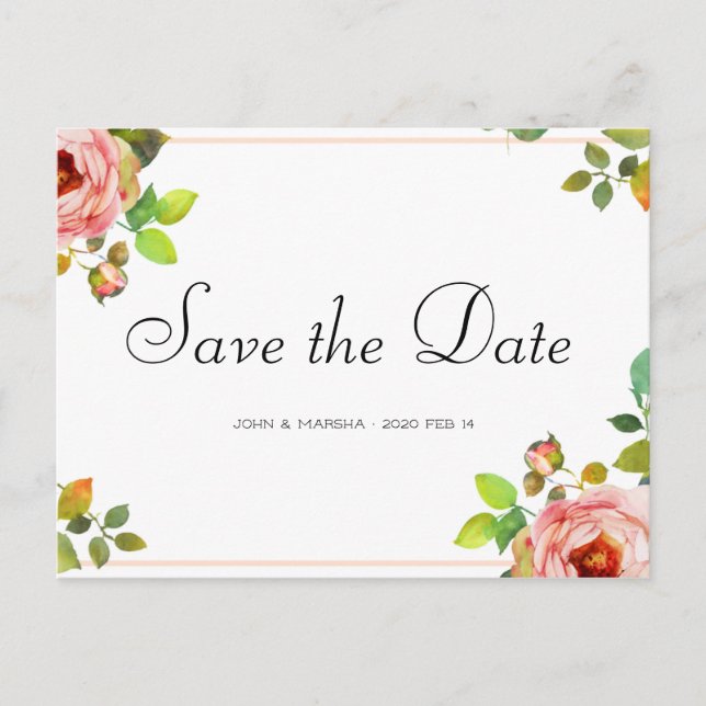 Personalisiert - Rosen Wasserfarbe Save the Date Postkarte (Vorderseite)