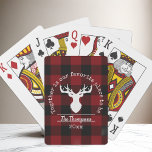 Personalisiert Rot und Schwarz Buffalo Kariert Spielkarten<br><div class="desc">Das Produktdesign zeichnet sich durch eine Silhouette eines Hirsches auf einem klassischen karierten Büffel in Rot und Schwarz aus. In Kombination mit Ihrem eigenen personalisierten Text macht diese Komposition Landhausstil,  moderne und einzigartige Spielkarten für Wiedersehen,  Weihnachten oder andere besondere Anlässe!</div>