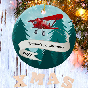 Personalisiert, rotes Flugzeug & Weihnachtsmann, e Keramik Ornament