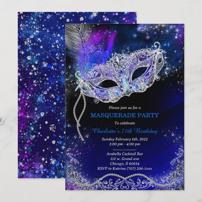 Personalisiert Royal Blue Birthday Masquerade Einladung (Vorne/Hinten)