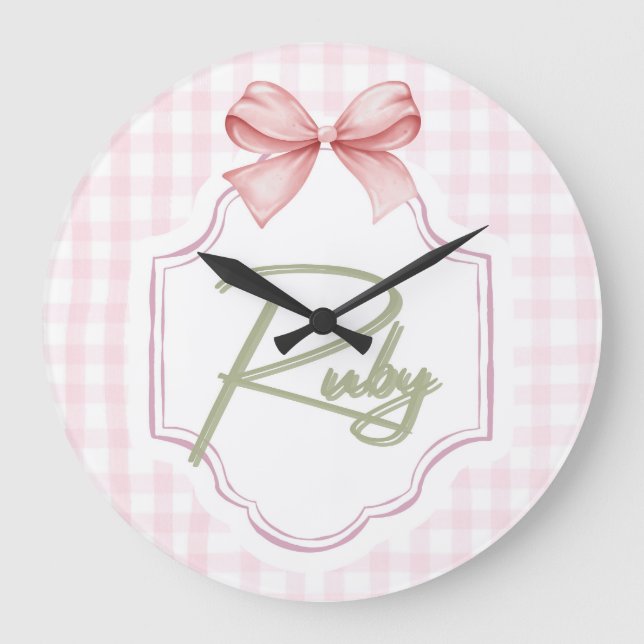 Personalisiert Ruby Baby Girl Kinderzimmer Bow&Gin Große Wanduhr (Vorderseite)