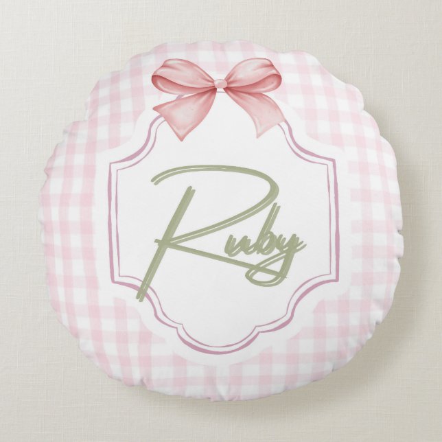 Personalisiert Ruby Baby Girl Kinderzimmer Bow&Gin Rundes Kissen (Vorderseite)