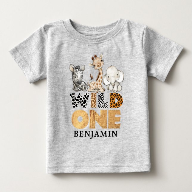 Personalisiert Safari Wild One First Birthday Baby T-shirt (Vorderseite)