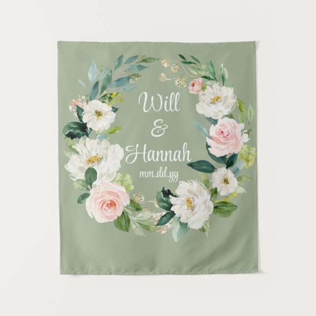 Personalisiert Sage Green Custom Wedding Empfang Wandteppich (Vorderseite)