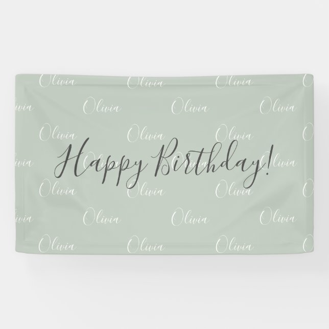 Personalisiert Sage Green Elegante Name Geburtstag Banner (Horizontal)