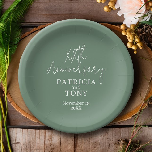 Personalisiert Sage Green Modern Hochzeitstag Pappteller (Personalized Wedding Anniversary Party Plates)