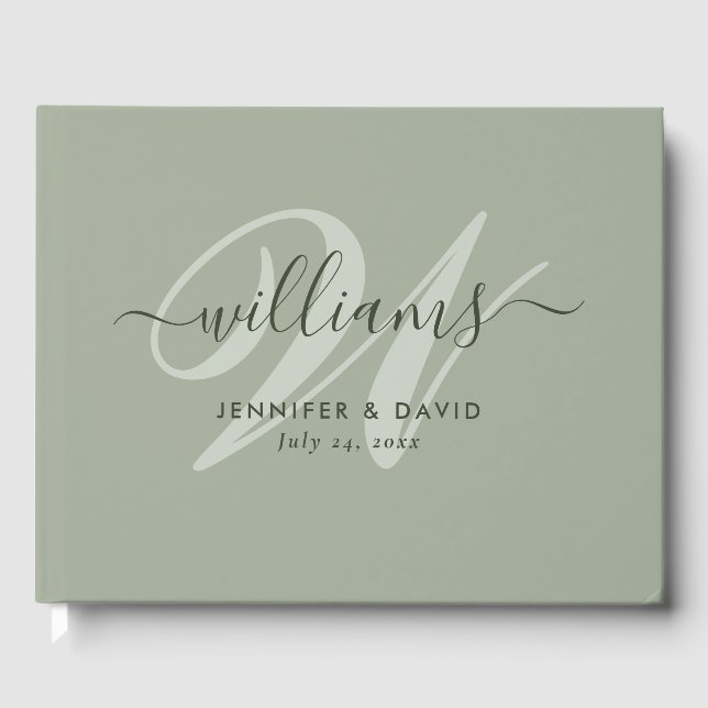 Personalisiert Sage Green Monogram Wedding Guest B Gästebuch (Vorderseite)