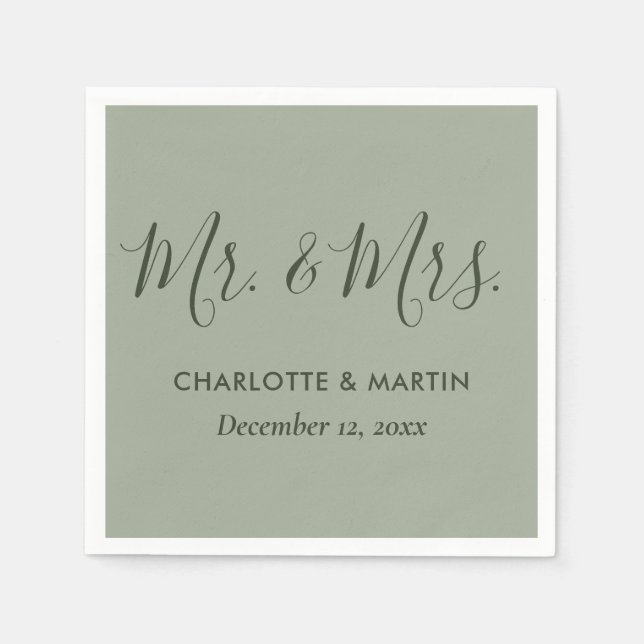 Personalisiert Sage Green Mr. and Mrs Wedding Serviette (Vorderseite)