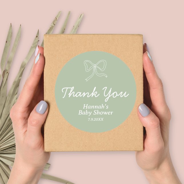 Personalisiert Sage Green Ribbon Baby Dusche Gefal Runder Aufkleber (Personalized Sage Green Ribbon Baby Shower Favor Classic Round Sticker)