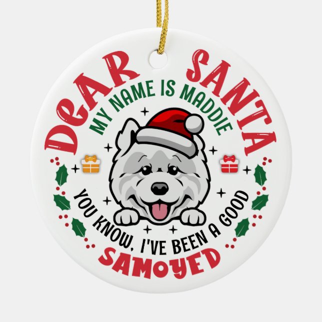 Personalisiert Samoyed Dog Christmas Tree Round Keramik Ornament (Vorne)