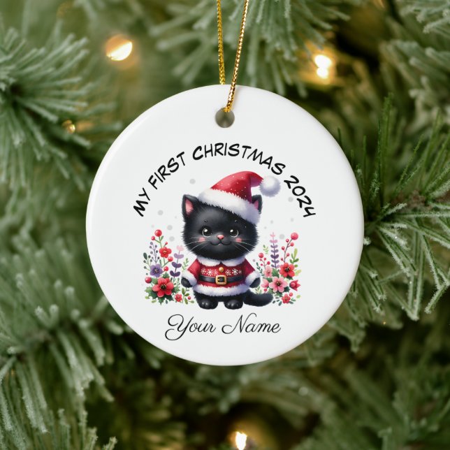 Personalisiert Santa Black Kitten Erste Weihnachte Keramik Ornament (Baum)