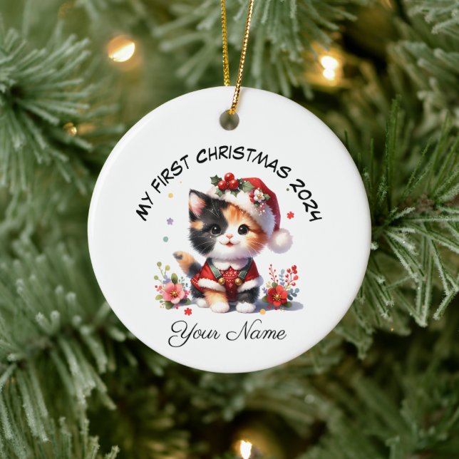 Personalisiert Santa Calico Kitten Erste Weihnacht Keramik Ornament (Baum)