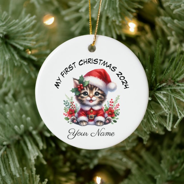 Personalisiert Santa Tabby Kitten Erste Weihnachte Keramik Ornament (Baum)