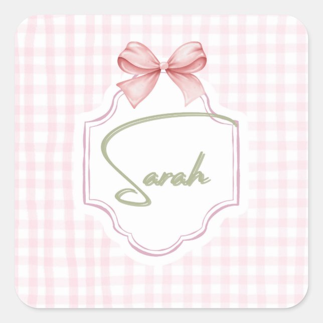 Personalisiert Sarah Baby Girl Kinderzimmer Bow&Gi Quadratischer Aufkleber (Vorderseite)