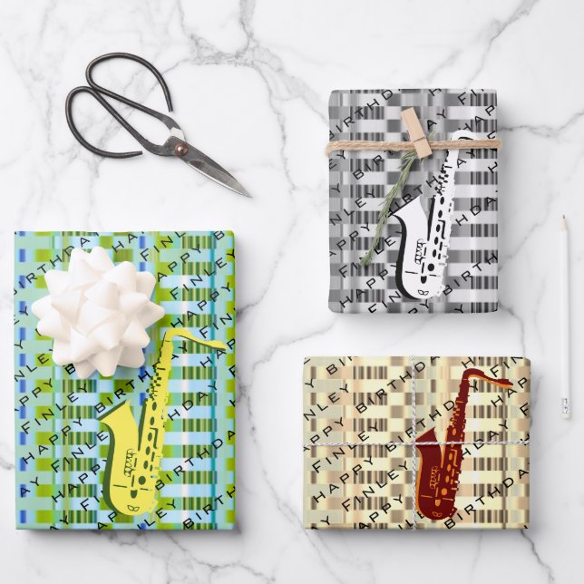 Personalisiert Saxophon Moderne Sax Name Geburtsta Geschenkpapier Set (Vorderseite)