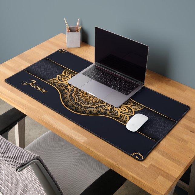Personalisiert schönes Black Gold Floral Mandala Schreibtischunterlage (Büro 2)
