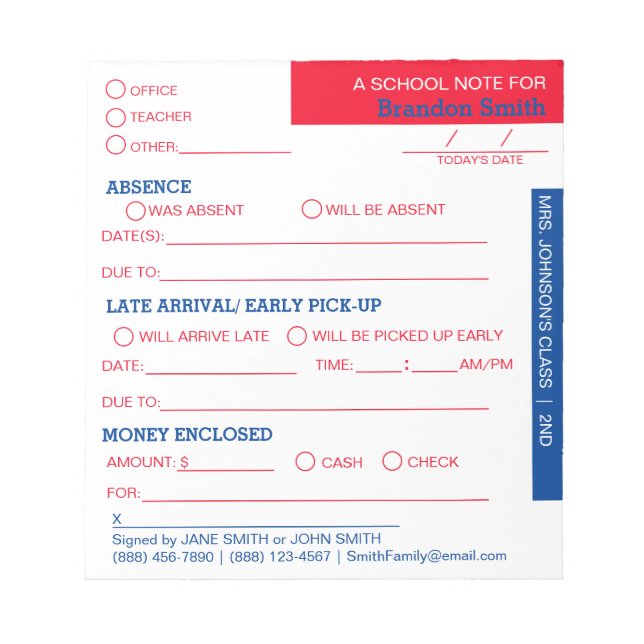 Personalisiert School Student Eltern Notepad Notizblock (Vorderseite)