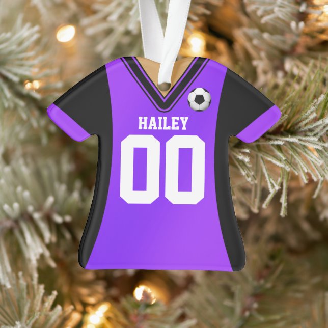 Personalisiert Schwarz/Lila Soccer Jersey Ornament (Baum)