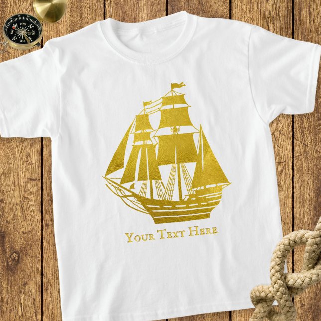 Personalisiert Segelschiff Imitate Gold Nautical T T-Shirt (A nautical T-shirt, featuring a tall ship picture in faux gold. Personalize with your own text)